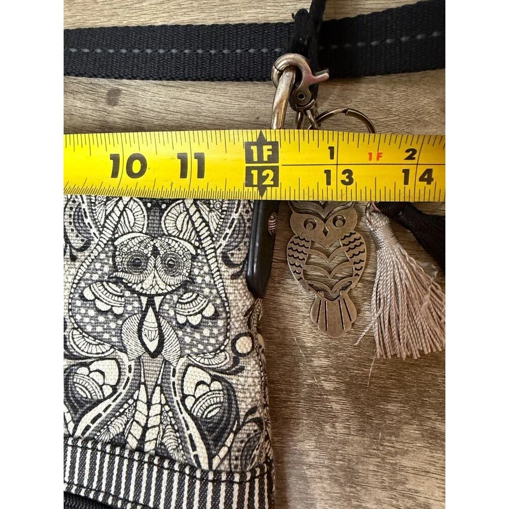 Sakroots Owl Shoulder Crossbody Bag Purse Bag Charm Tassels Black Off White Rare - Picture 16 of 16